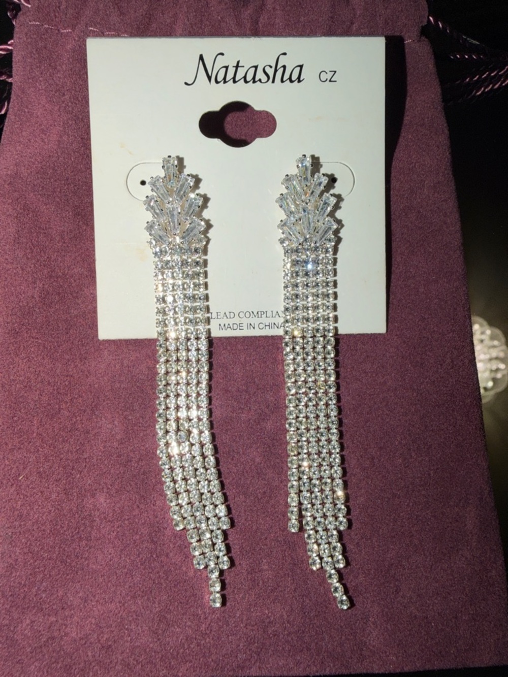 Natasha Couture Clear Crystal Long Tassel Earrings